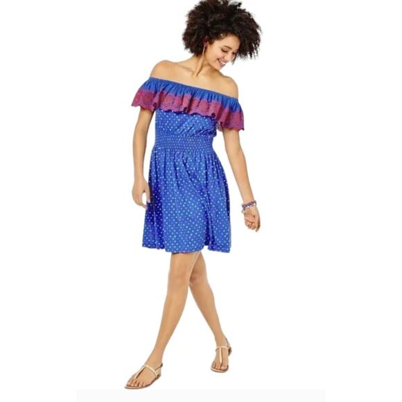 M Lilly Pulitzer Kalama Blue Square Print Off The Shoulder Dress - Picture 1 of 5